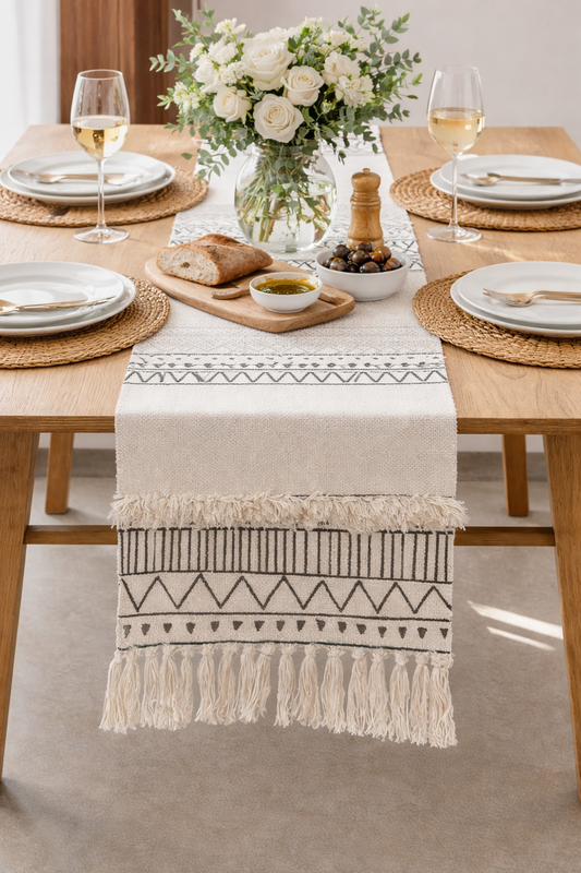 Ivory Boho Tribal Textured Cotton Table Runner