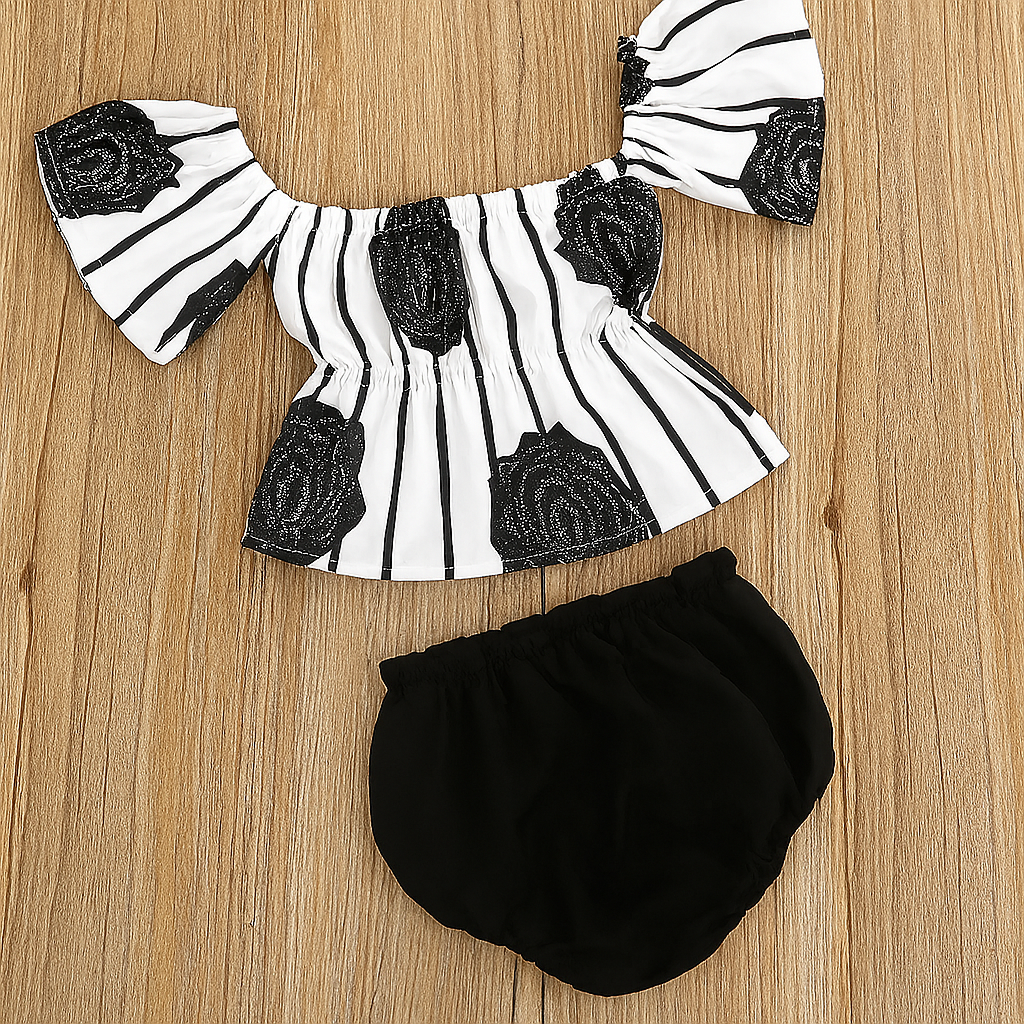Black and White Flower Baby Off-Shoulder Top and Bloomers