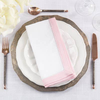 6410 - Pink Border Hemstitch White 20" Dinner Napkin
