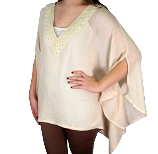 Ivory Lace Trim V-Neck Poncho Wrap