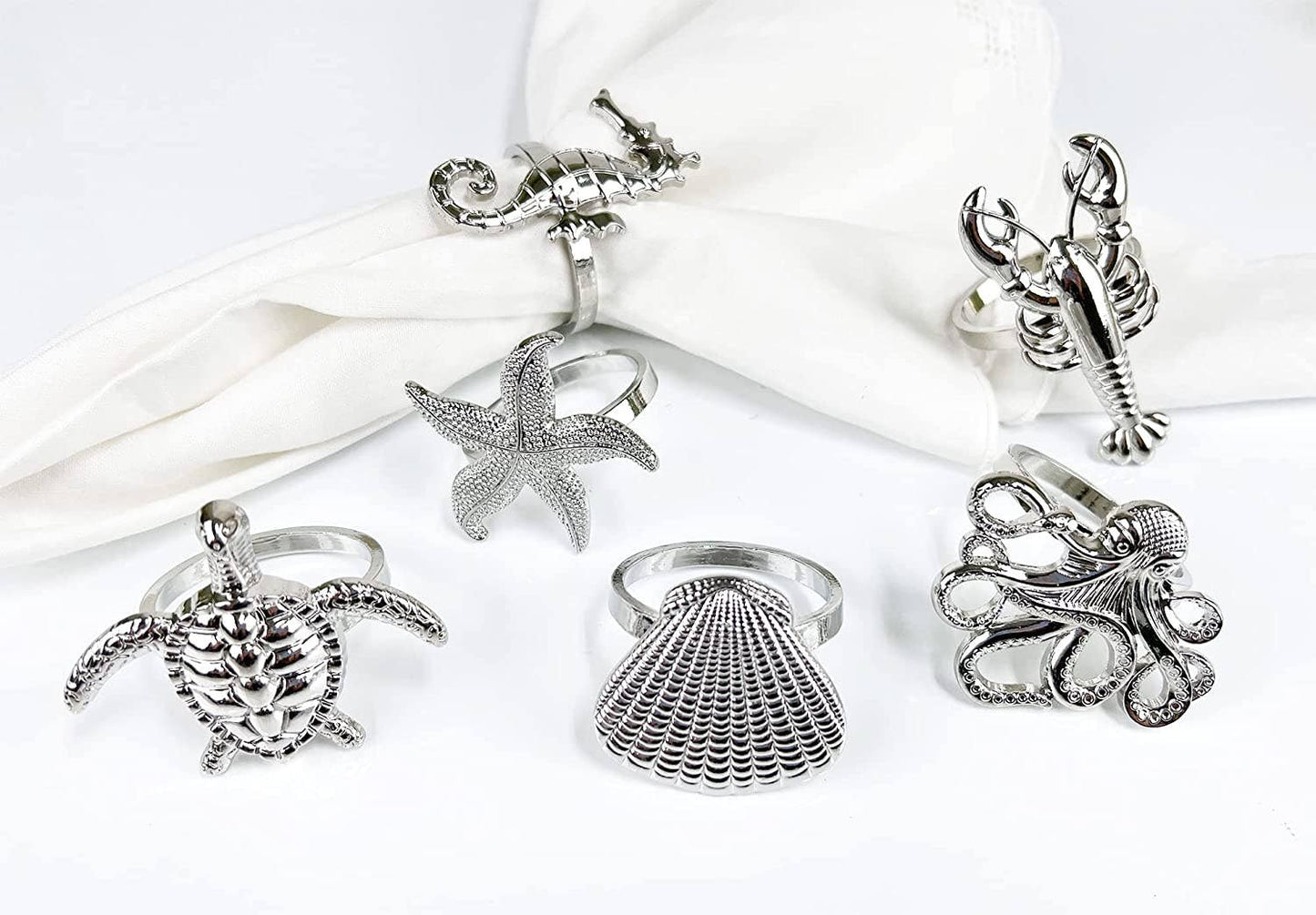 Silver Coastal Sea Creatures Metal Napkin Rings - Set of 6