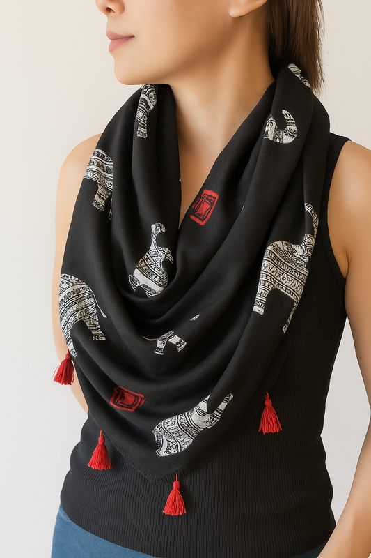 Black Tribal Elephant Infinity Scarf with Tassel