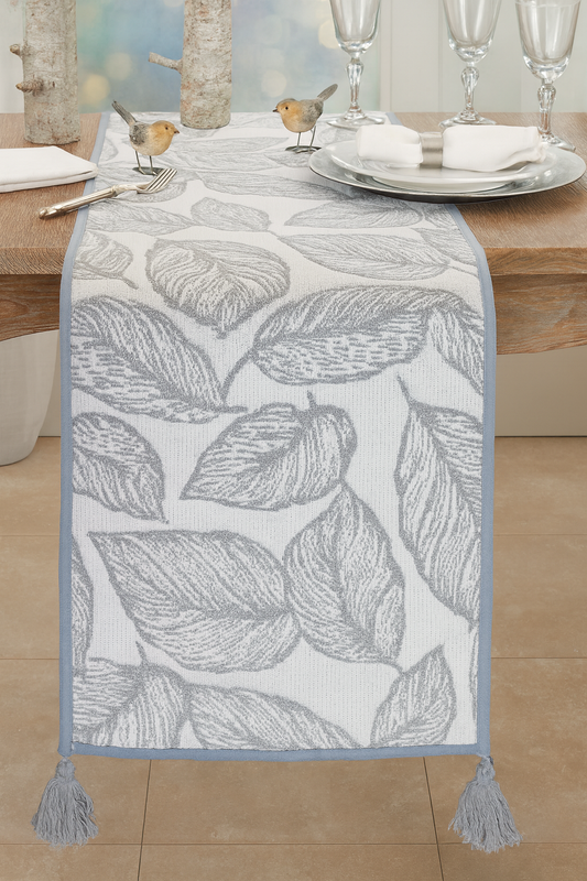 TBL0012 - Grey and White Leaf Pattern 14"x71" Table Runner