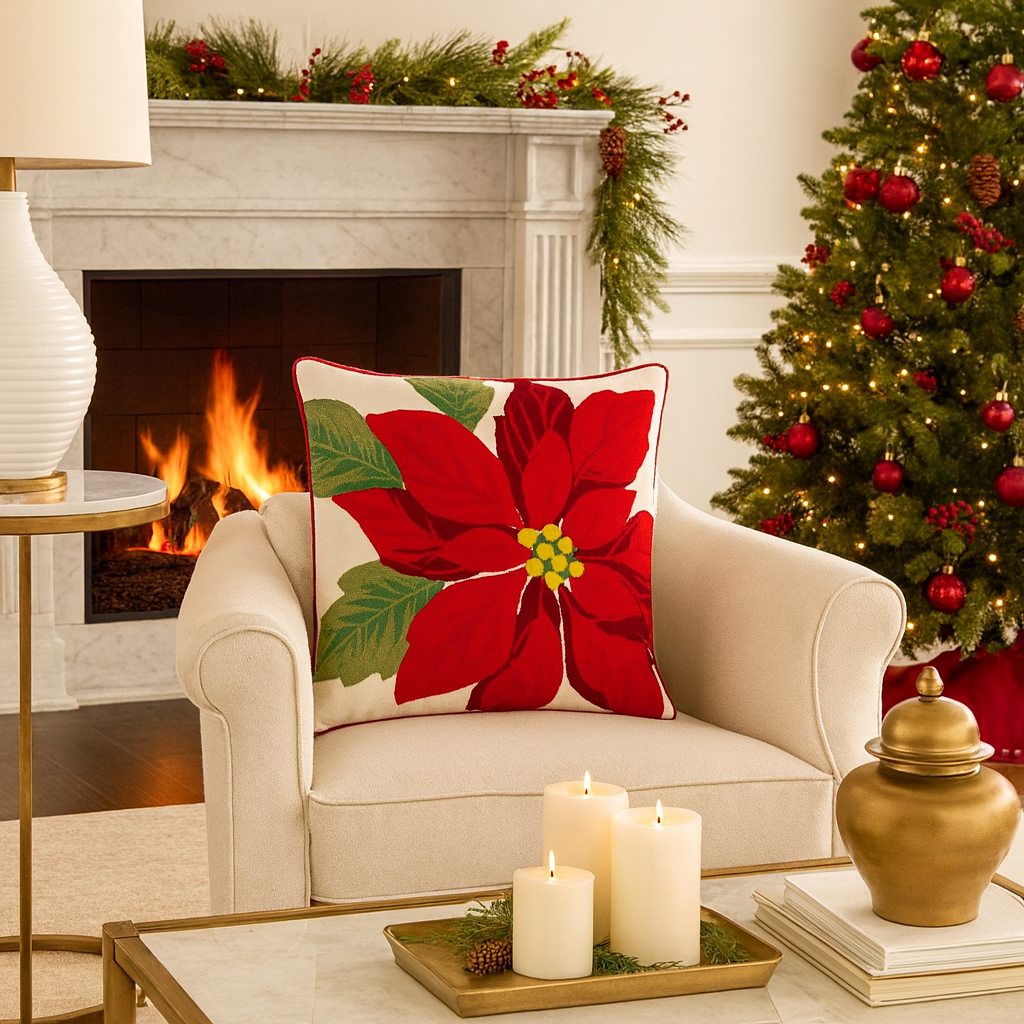 9711 - Poinsettia Holiday 16" Throw Pillow