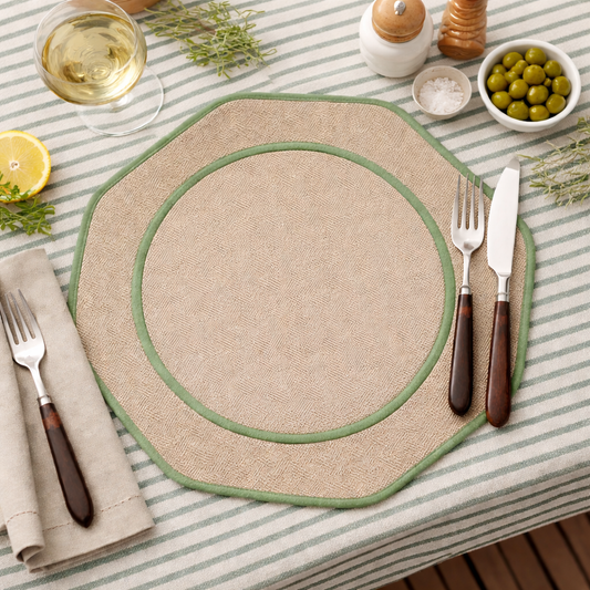 13" Woven Round Octagonal Shape Placemat - Green and Natural
