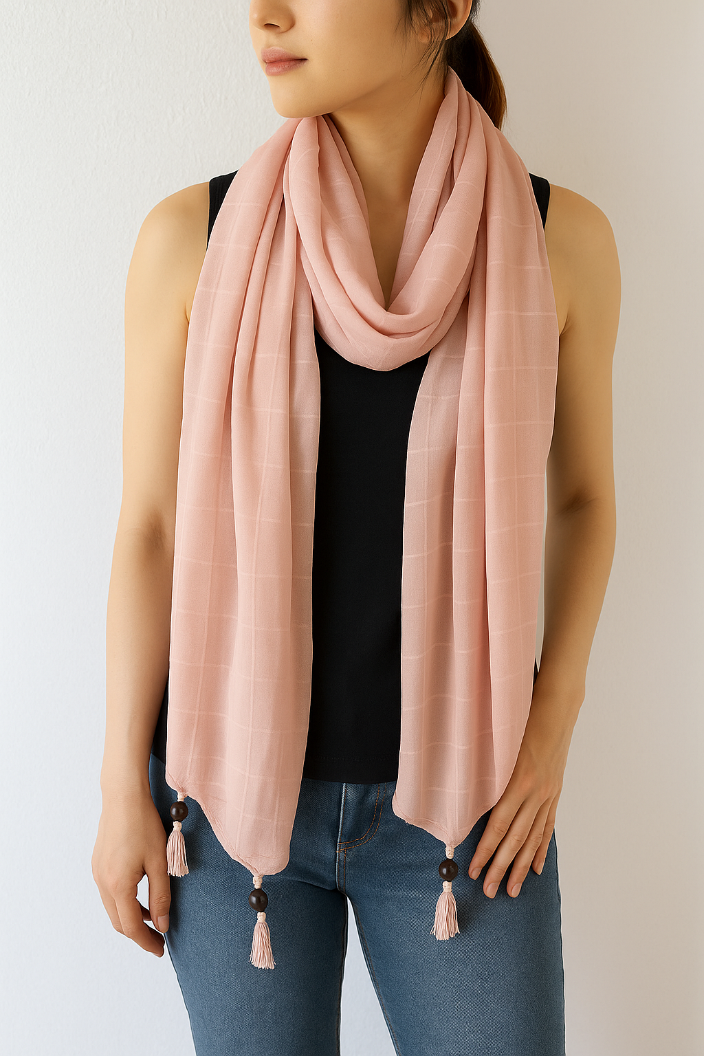 Pink Plaid Wood Bead Tassel Cotton Scarf