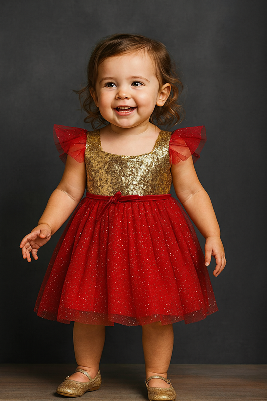 Red Sequin Tulle Flower Dress