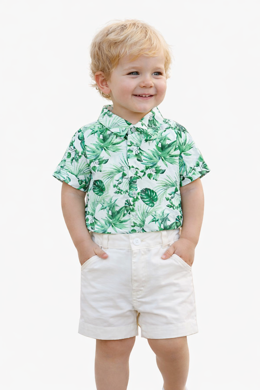 Green Tropical Leaf Button-Up Toddler Boy Shirt & Short