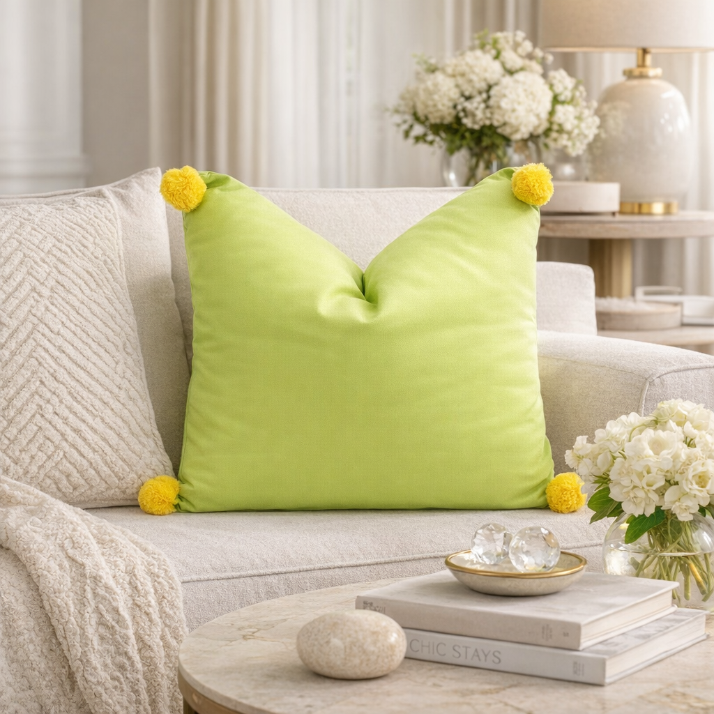 1671 - Lime Pom Pom 18" Cotton Filled Throw Pillow