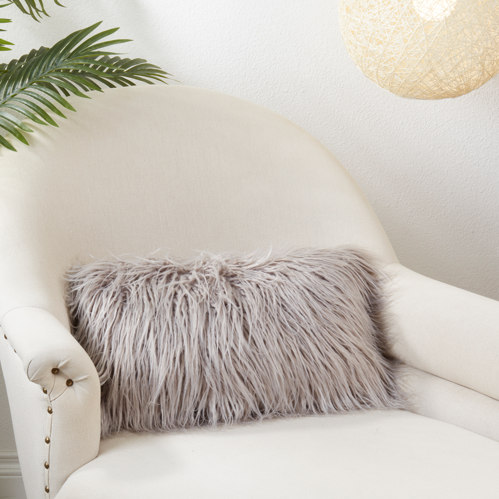 706 - Fog Faux Mongolian Fur 12"x20" Filled Throw Pillow