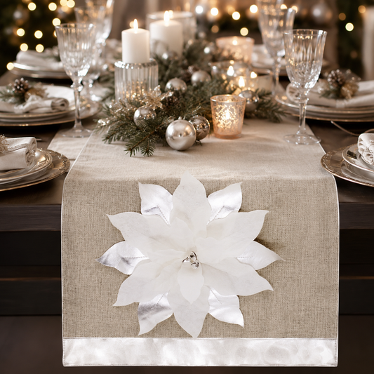 Silver-White 3D Poinsettia Natural Table Runner