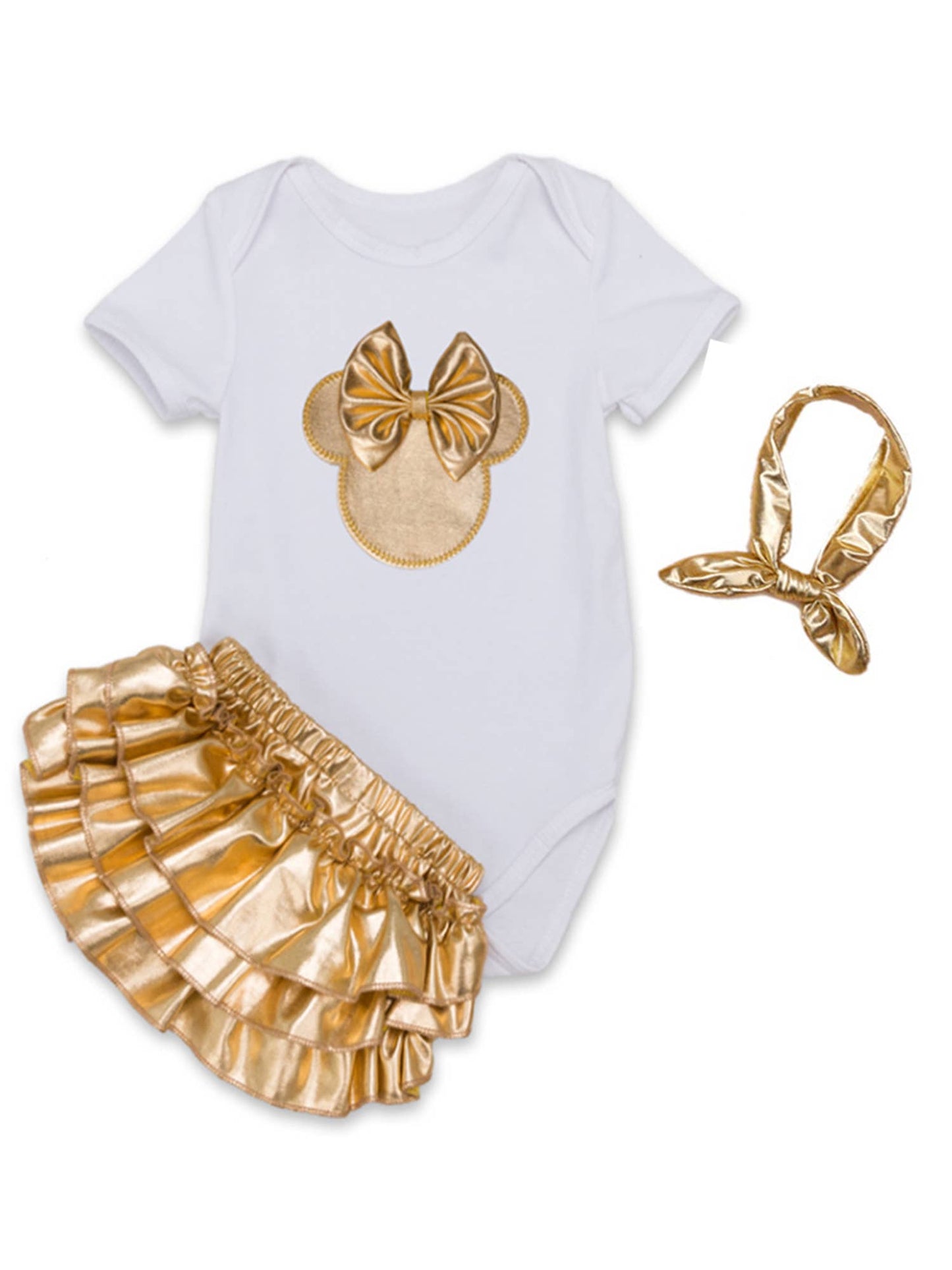 Metallic Gold White 3pcs Baby Girl Outfit