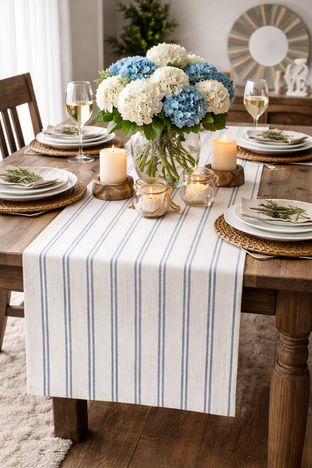 Indigo Striped Linen-Poly Table Runner