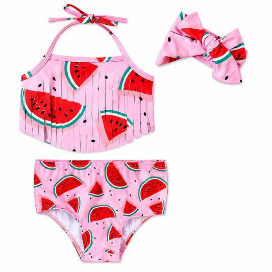 Pink Watermelon Fringe 3-Piece Little Girl Swim Set