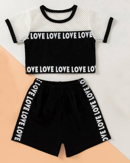Black-White Love Print Mesh Baby T-Shirt & Shorts