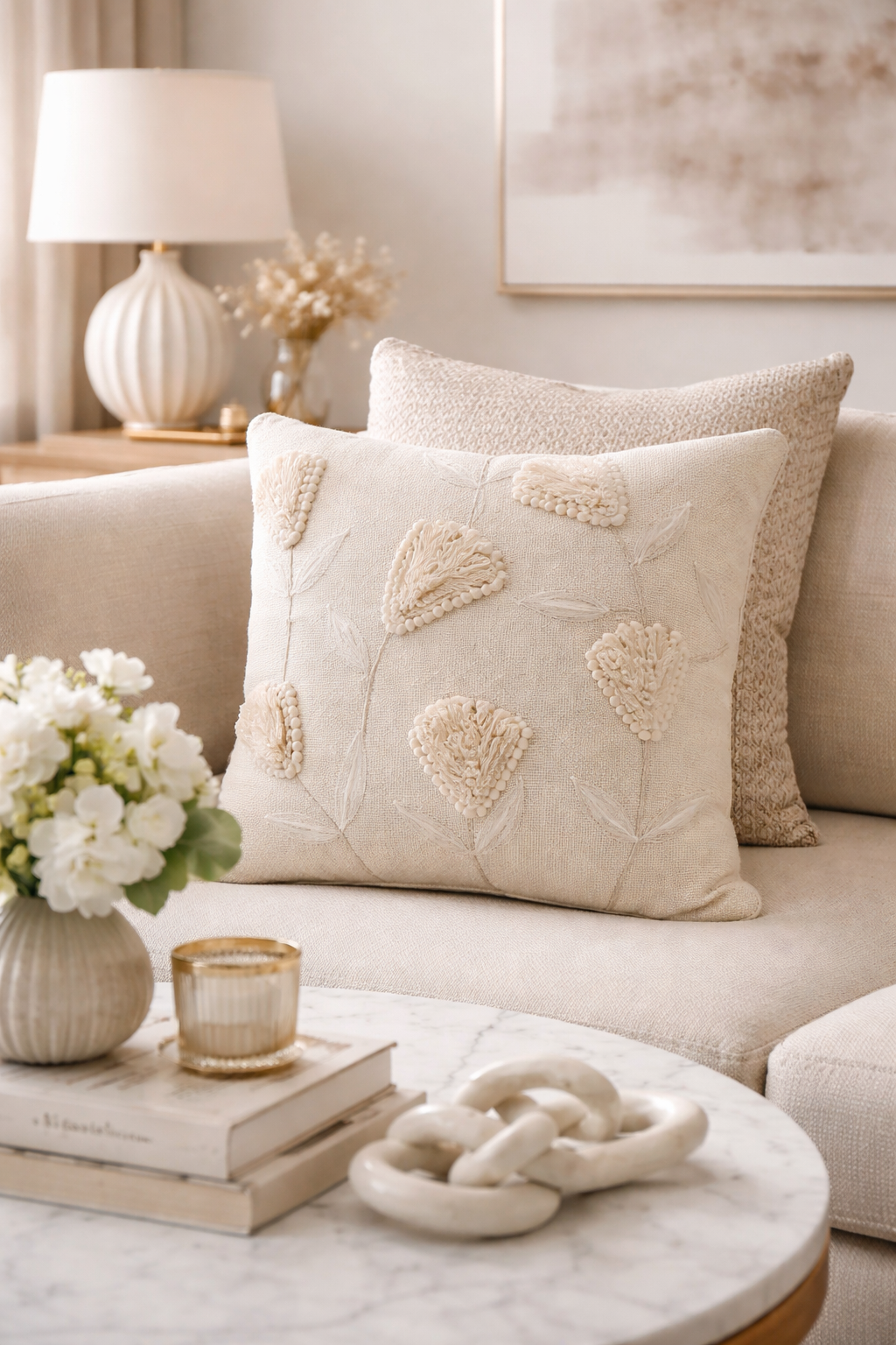 4438 - Ivory Flower Applique Cotton 18" Throw Pillow