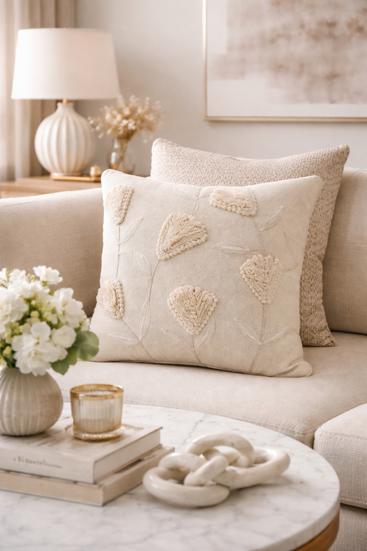 4438 - Ivory Flower Applique Cotton 18" Throw Pillow
