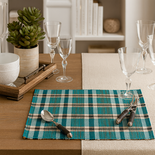 805 - Turquoise Plaid Woven Water Hyacinth 14"x20" Placemat