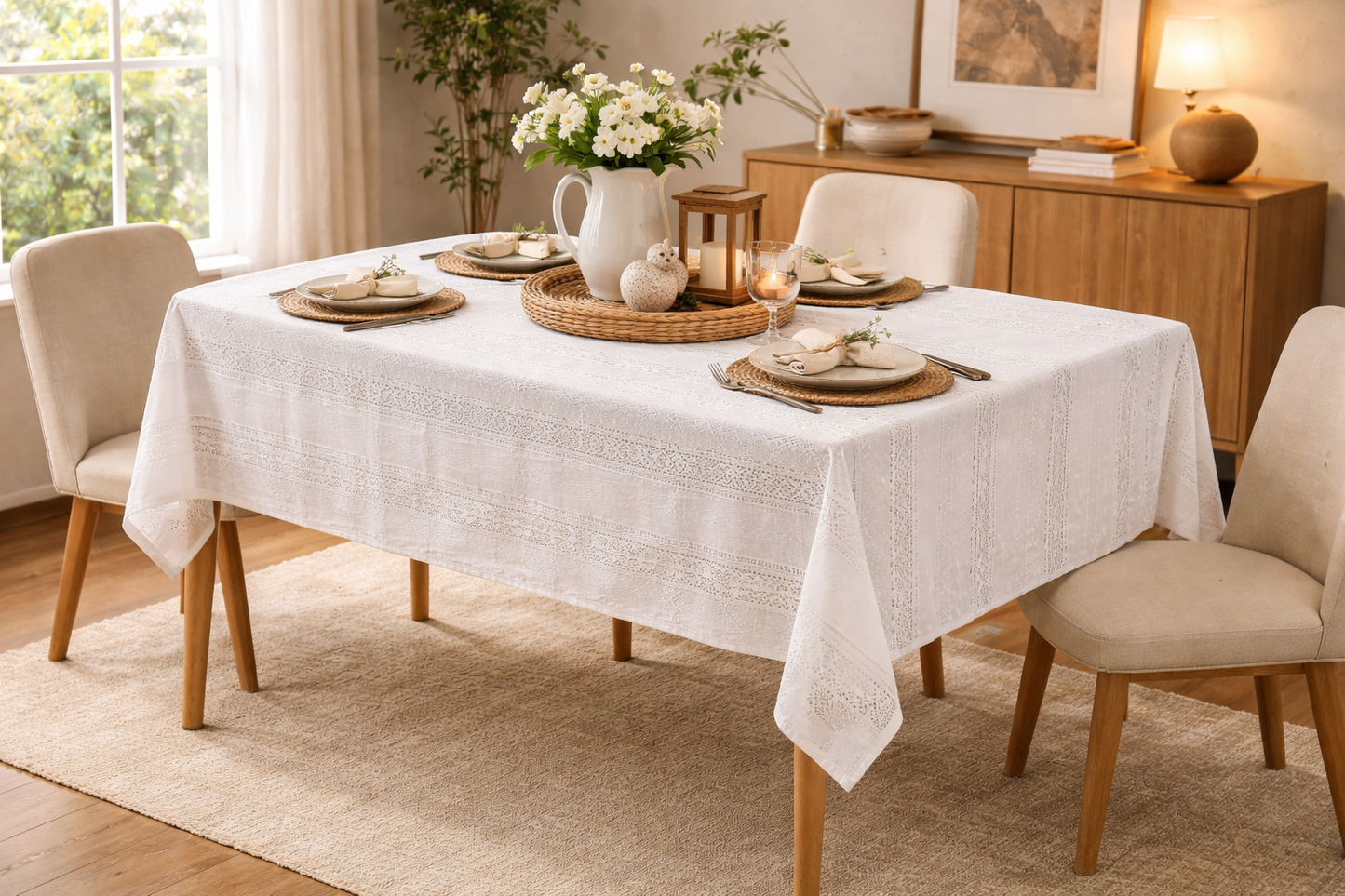 White Rustic Jacquard Striped Woven Tablecloth
