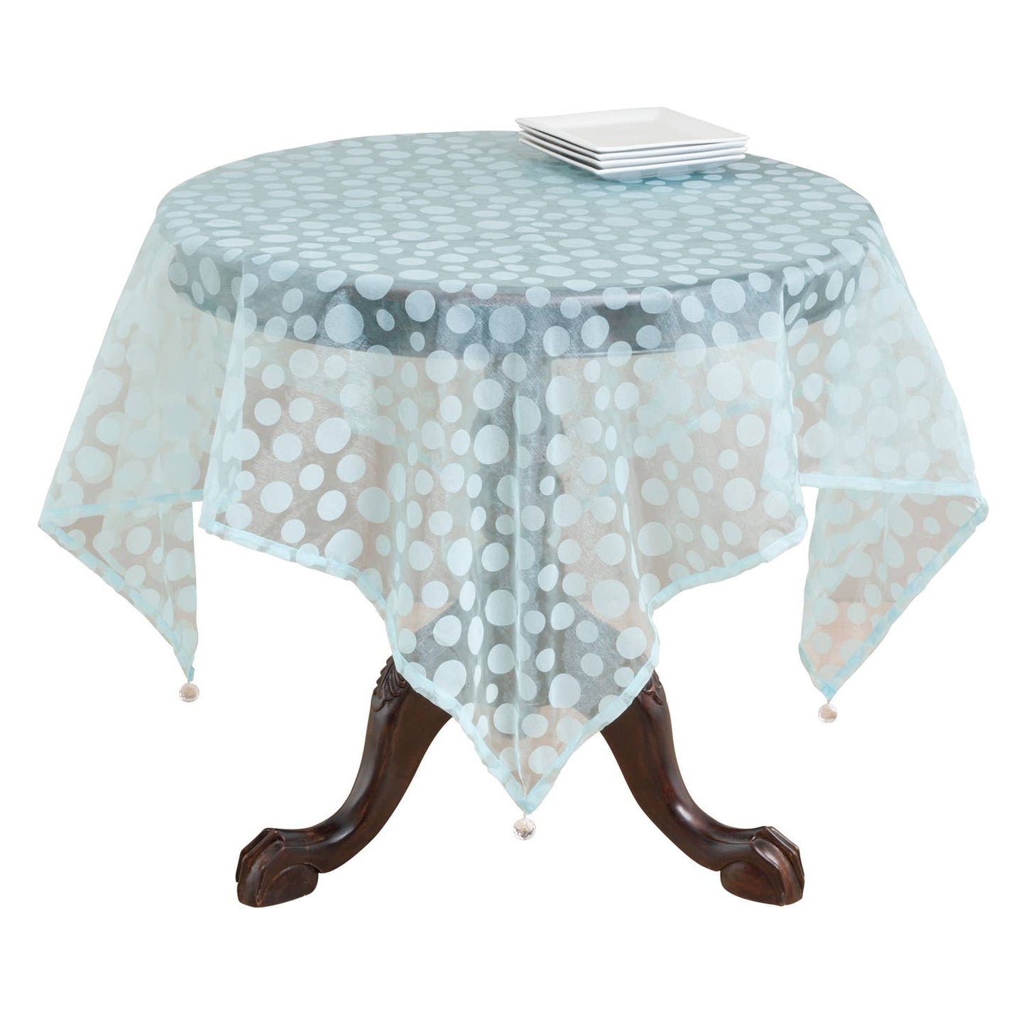 1893 - Aqua Flocked Dot Organza 54" Tablecloth with Acrylic balls