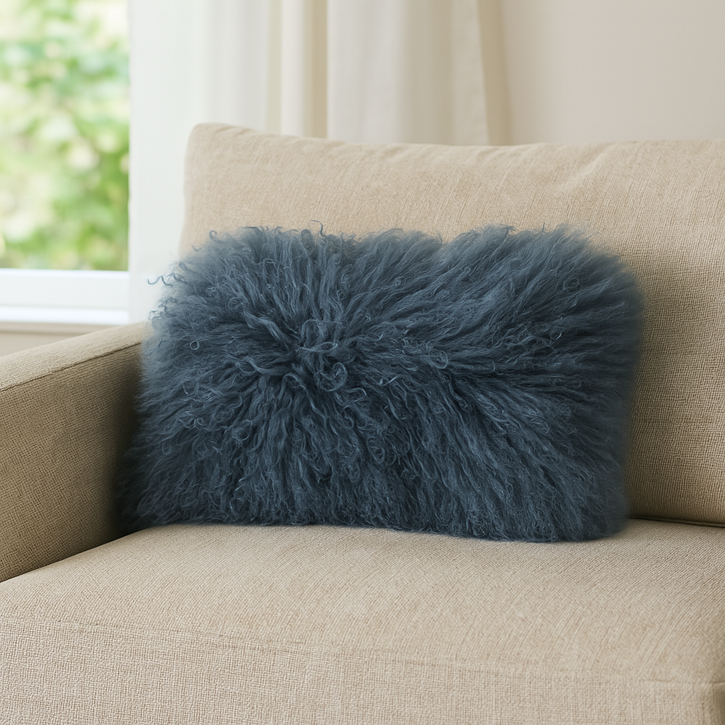3564 - Blue-Grey Mongolian Lamb Fur Throw Pillow - 12"X20"