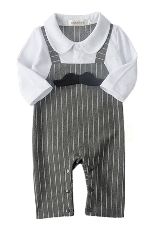 Grey & White Mustache Striped Baby Romper