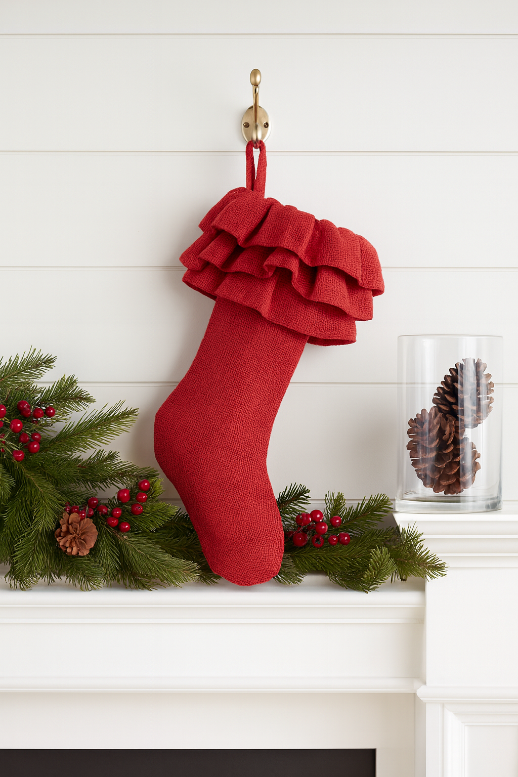0516 - Red Ruffled Burlap Christmas Stocking