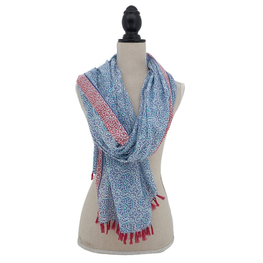 Blue Mosaic Tile Block Print Cotton Wrap Scarf