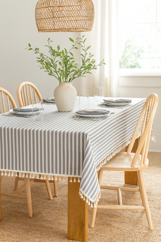 TBL0019 - Grey Simply Striped Tasseled Cotton Blend Tablecloth