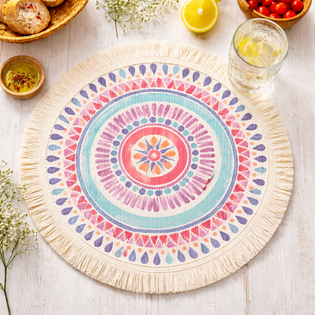 Mandala Boho Flower Cotton 13" Round Placemat