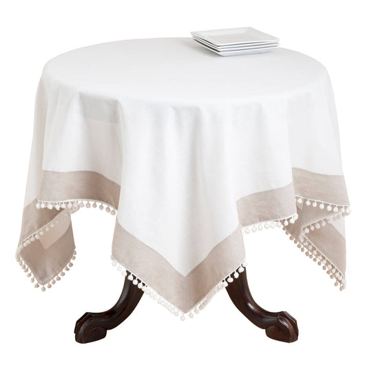 0577 - Ivory and Tan Pom Pom Trim 60" Square Tablecloth