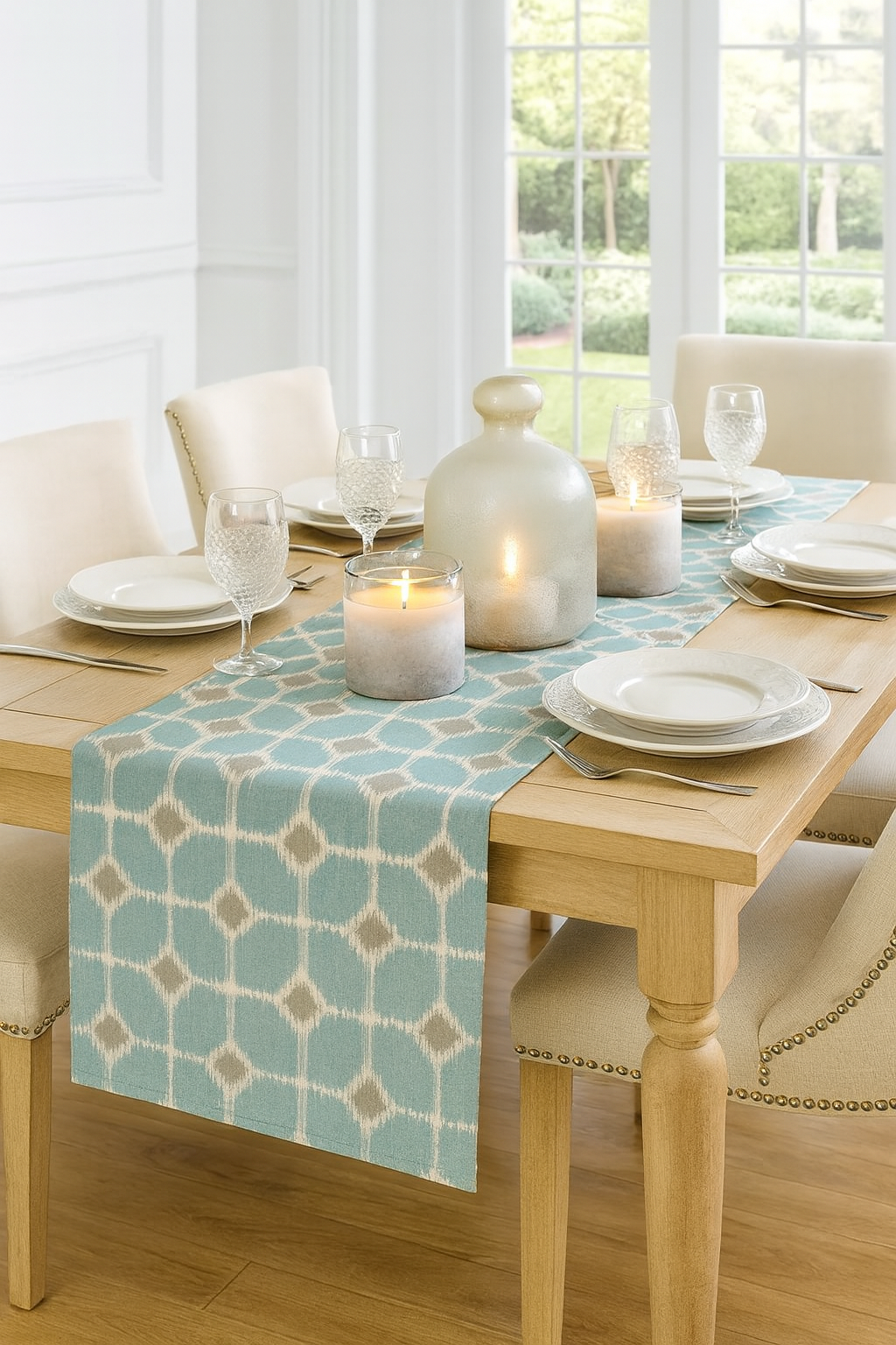 7220 - French Blue Geometric Cotton 16"X72" Table Runner