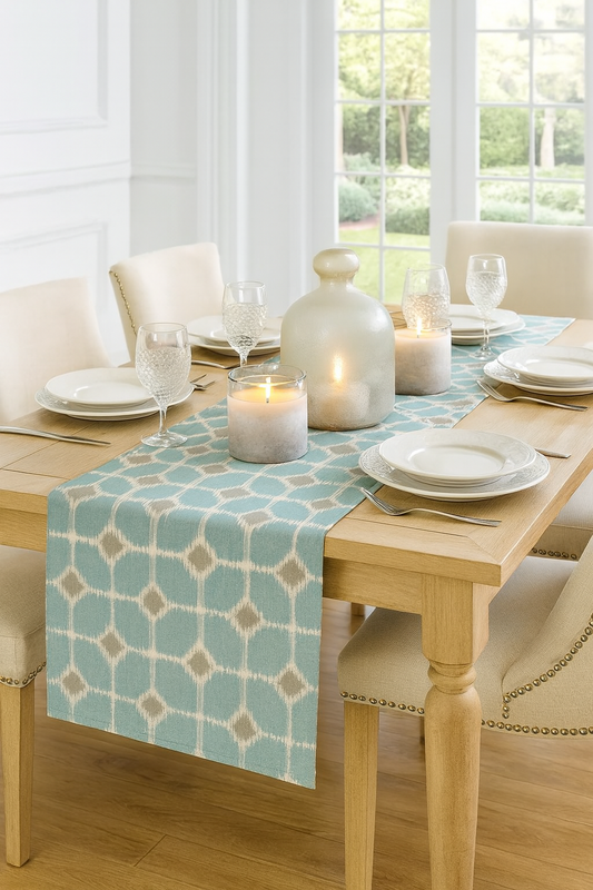 7220 - French Blue Geometric Cotton 16"X72" Table Runner