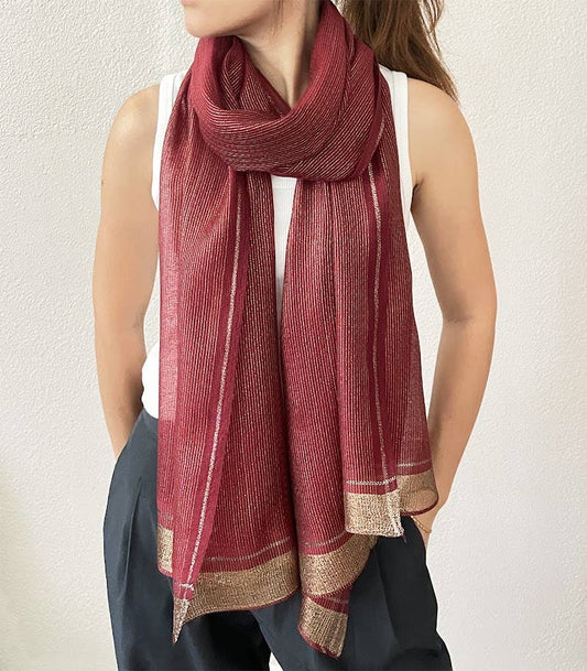 Burgundy Shimmering Striped Silk Blend Wrap Scarf