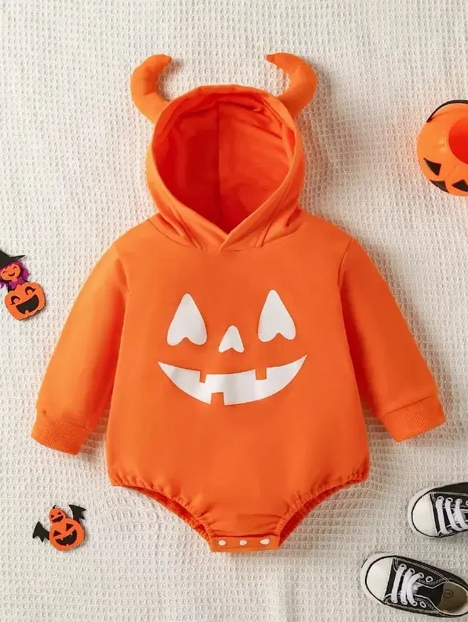 Orange Spooky Pumpkin Hooded Baby Romper