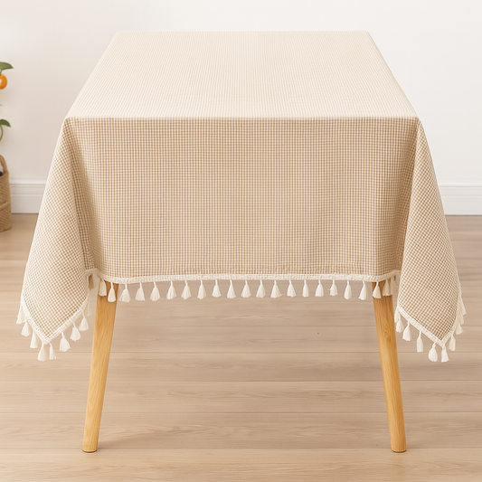 TBL0062 - Beige Gingham Plaid Tasseled Cotton Tablecloth