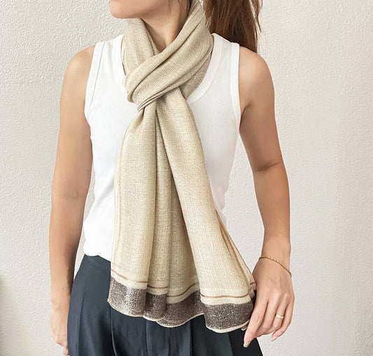 Khaki Shimmering Striped Silk Blend Wrap Scarf