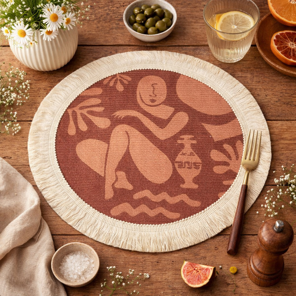 Clay Artsy Abstract Woven Fringe 13" Placemat