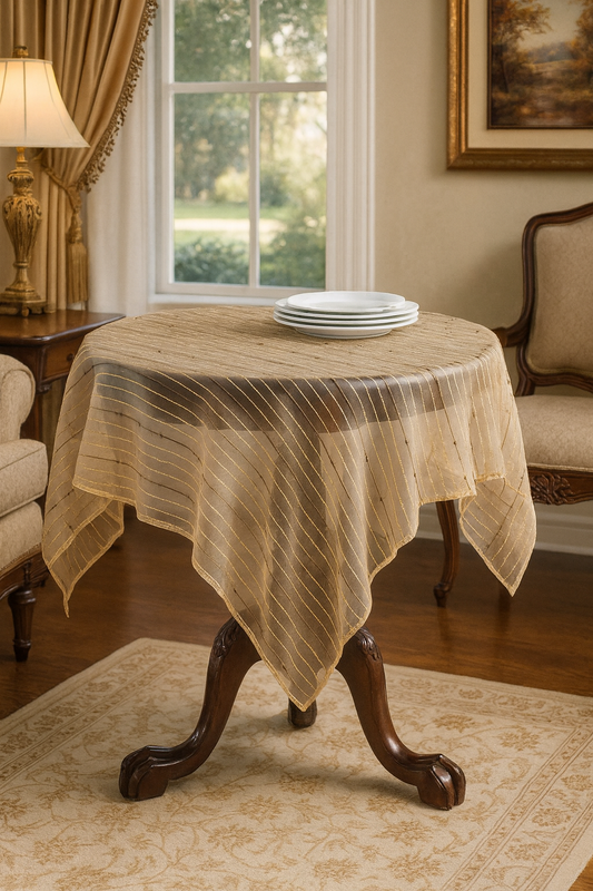 0602 - Gold Fontani Fuzzy Stripe Sheer 80" Tablecloth
