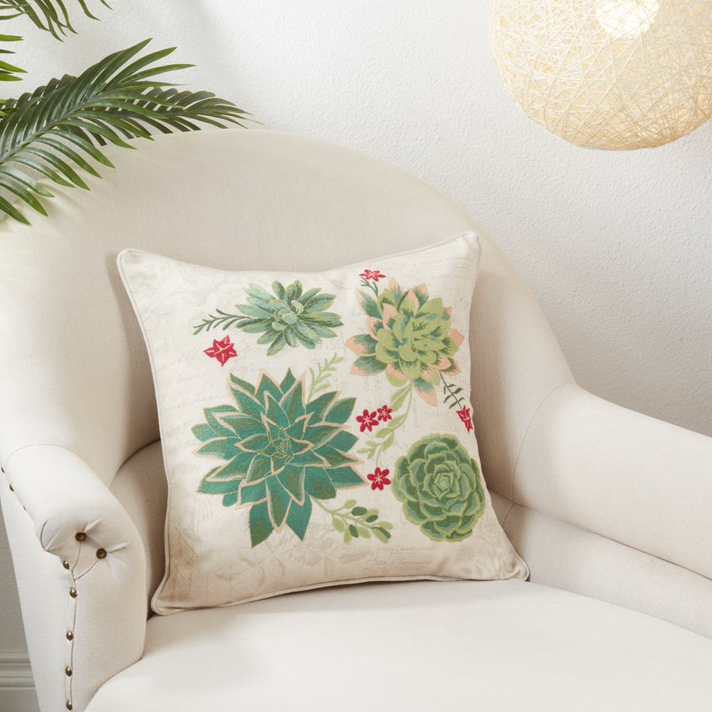 5235 - Embroidered Succulents Linen-Cotton 18" Throw Pillow