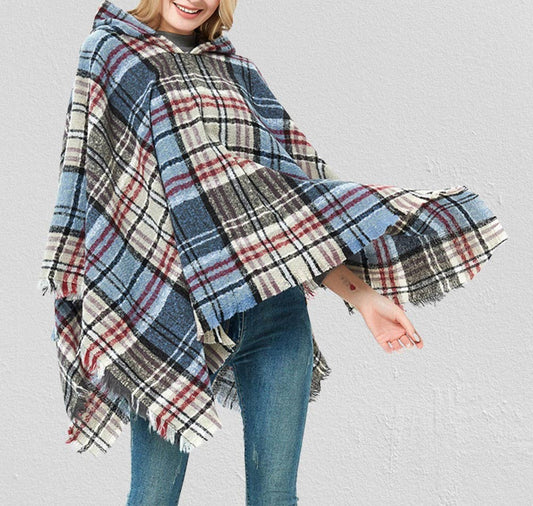 Blue Plaid Fringed Hooded Poncho Sweater
