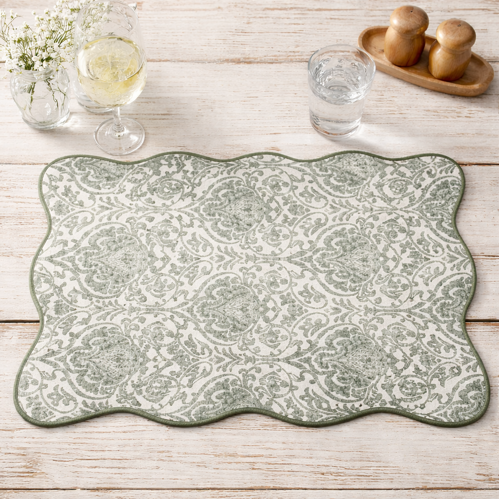 Sage Damask Scalloped 12"x18" Placemat