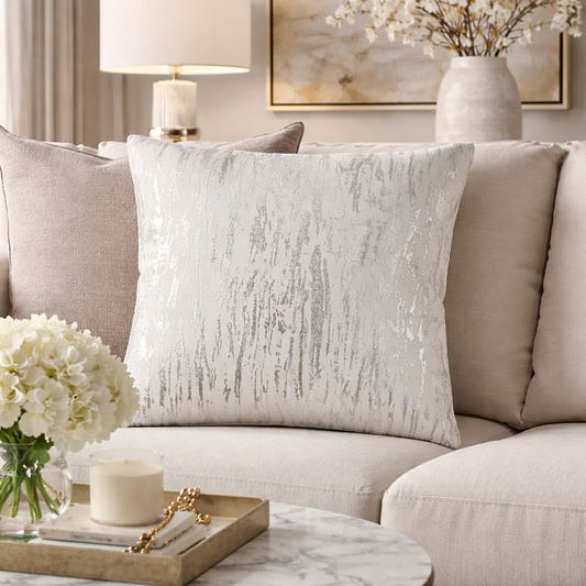 1612 - Silver Distressed Foil Print Cotton 20" Throw Pillow