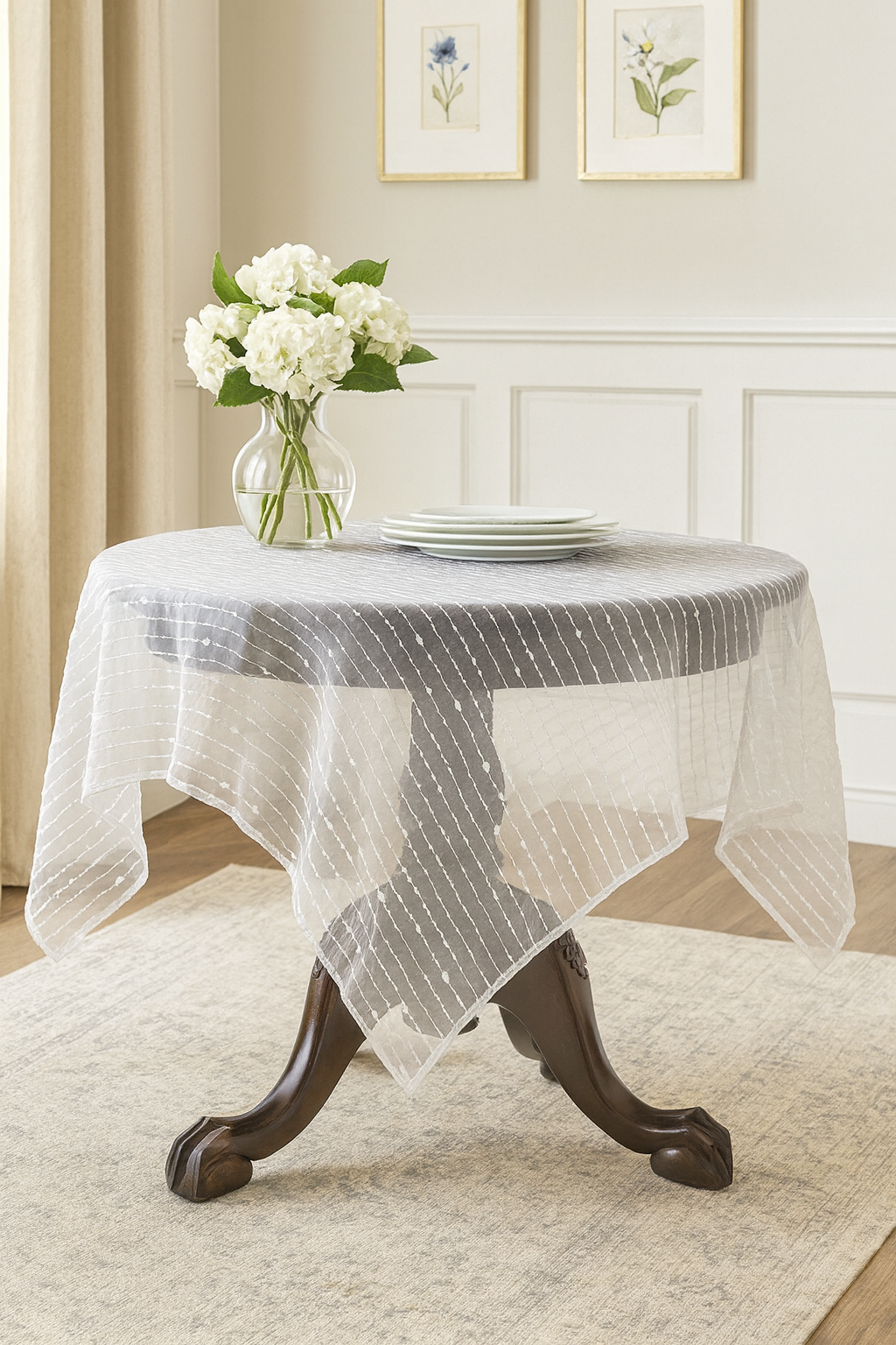 0602 - Ivory Fontani Fuzzy Stripe Sheer 80" Square Tablecloth