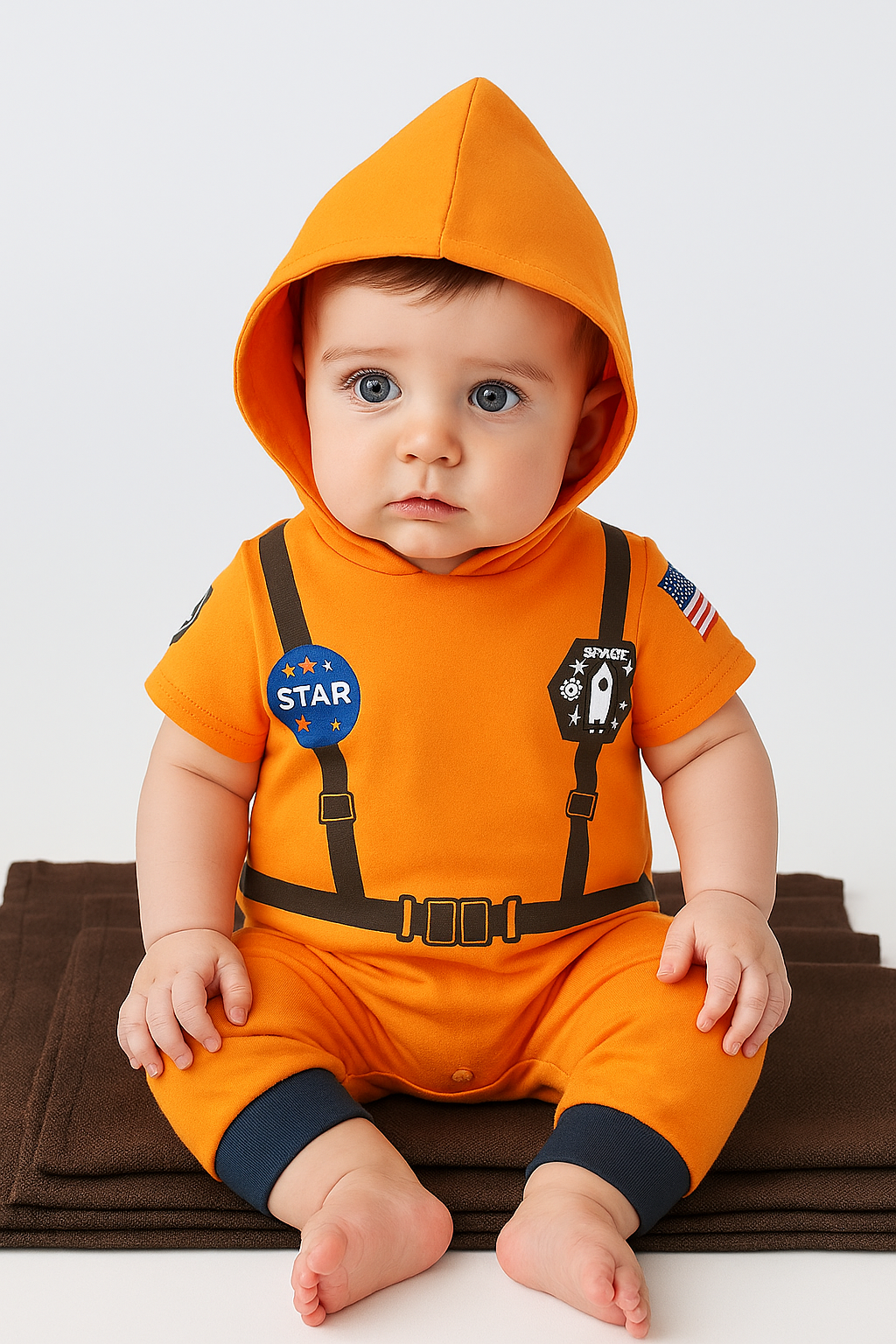 Orange Astronaut Short Sleeve Hooded Costume Baby Romper
