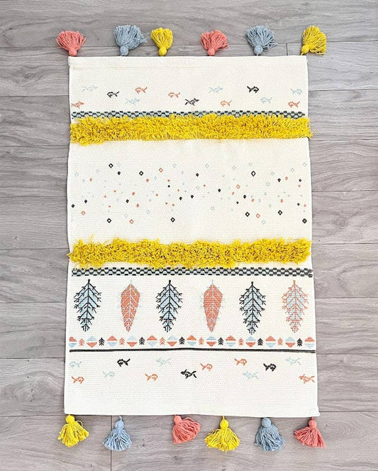 Colorful Embroidered Cotton Blend Tassel Area Rug