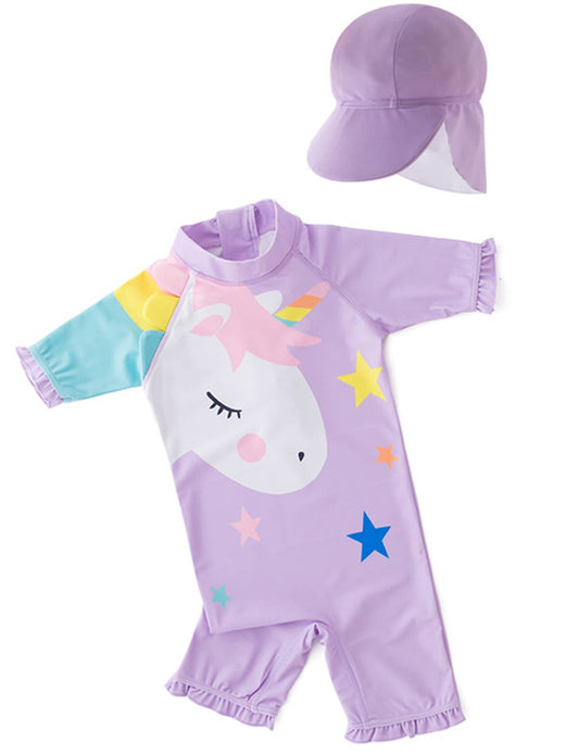 Purple Unicorn Rash Guard & Sun Hat 2pcs Girl Swimwear