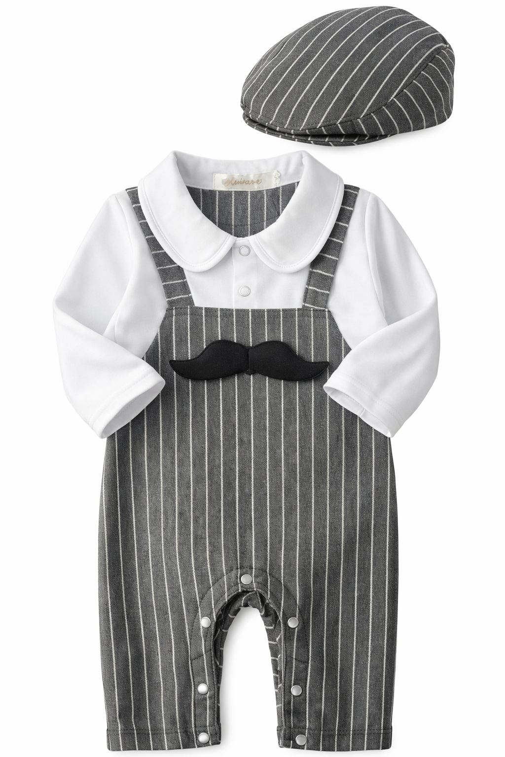 Grey & White Mustache Striped Baby Romper and Hat