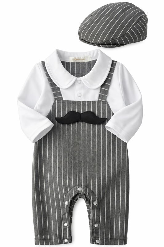 Grey & White Mustache Striped Baby Romper and Hat