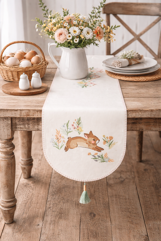 Whimsical Bunny & Wildflower Cotton Table Runner - 14x72 in
